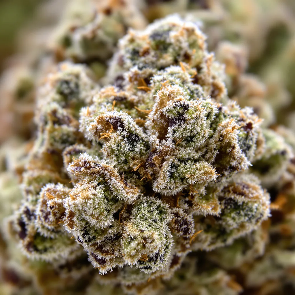 Gros plan de fleur de cannabis Snoop's Dream montrant structure équilibrée avec trichomes givrés