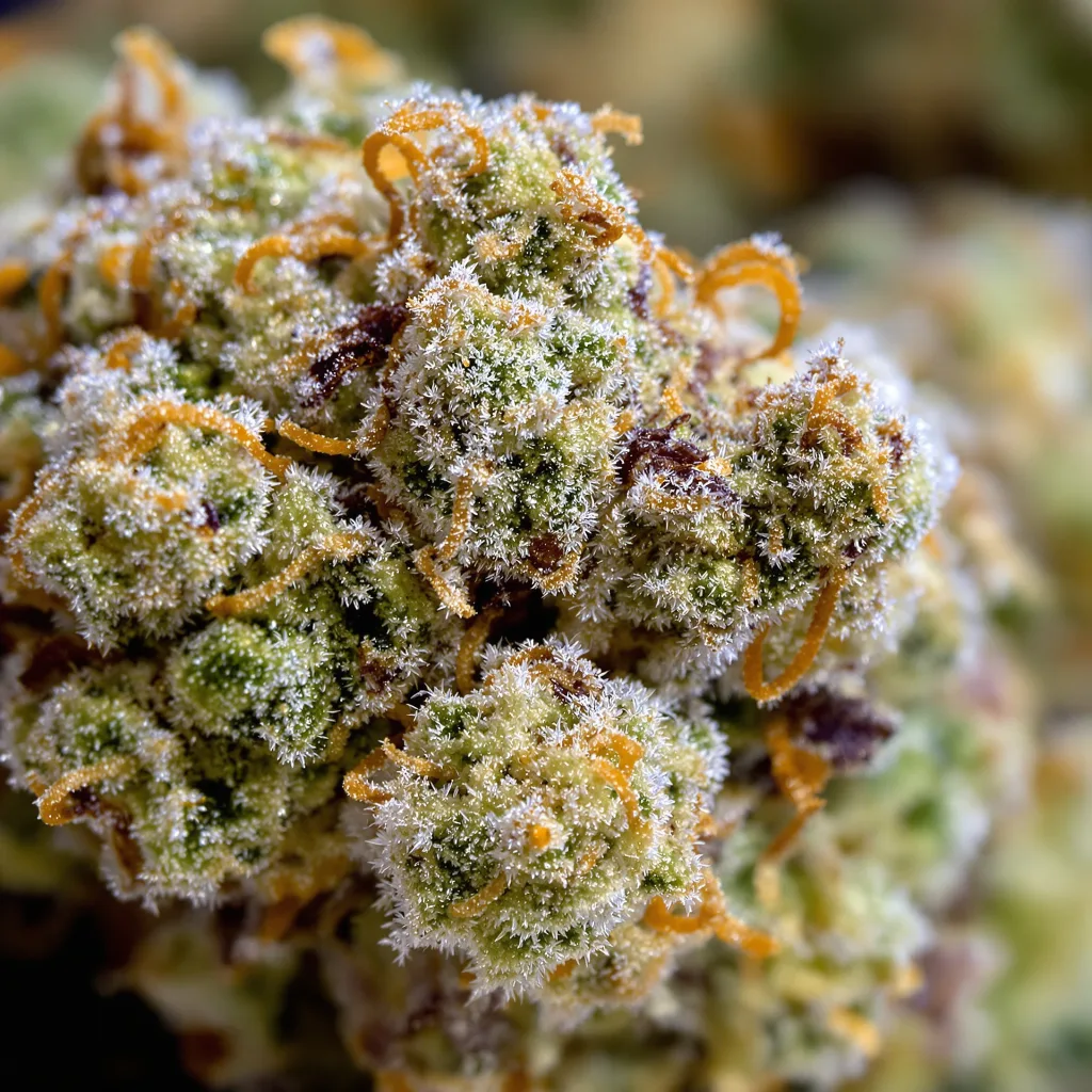 Gros plan de fleur de cannabis Snow Diesel montrant structure équilibrée avec trichomes givrés