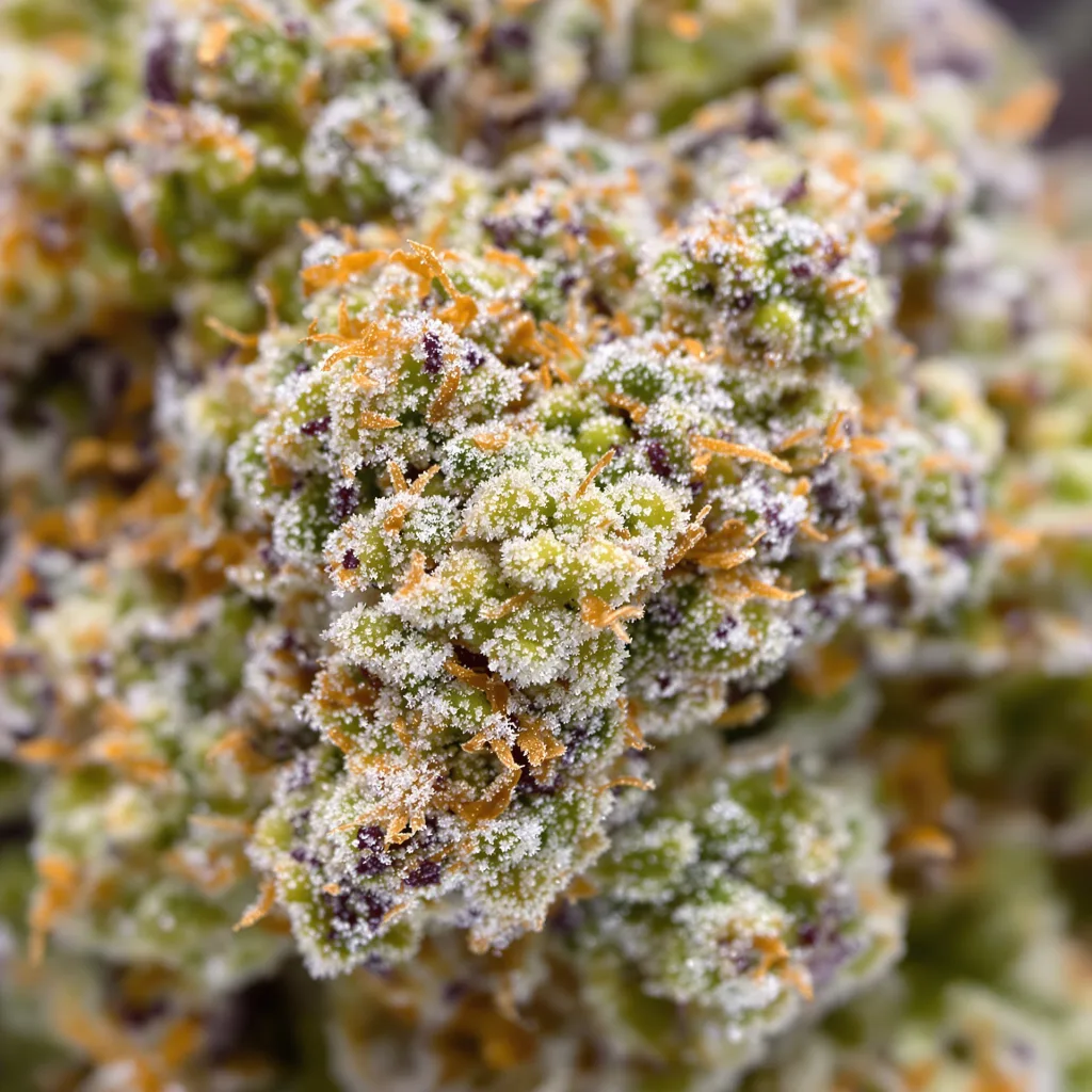 Gros plan de fleur de cannabis Snow Leopard montrant structure équilibrée avec trichomes givrés