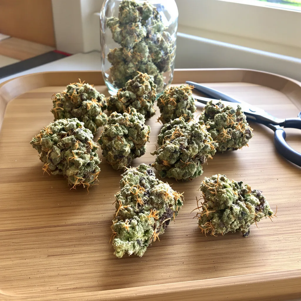 Snow Leopard 44% indica / 56% sativa — fleur avec trichomes visibles