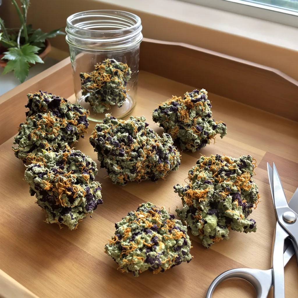 Snow White 80% indica / 10% sativa — fleur avec trichomes visibles