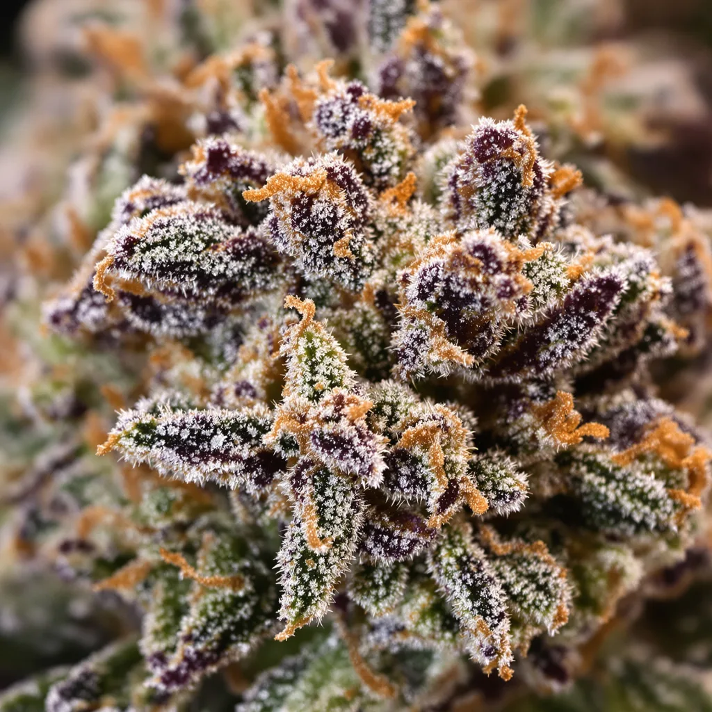 Gros plan de fleur de cannabis Snow White montrant calices denses aux reflets violets