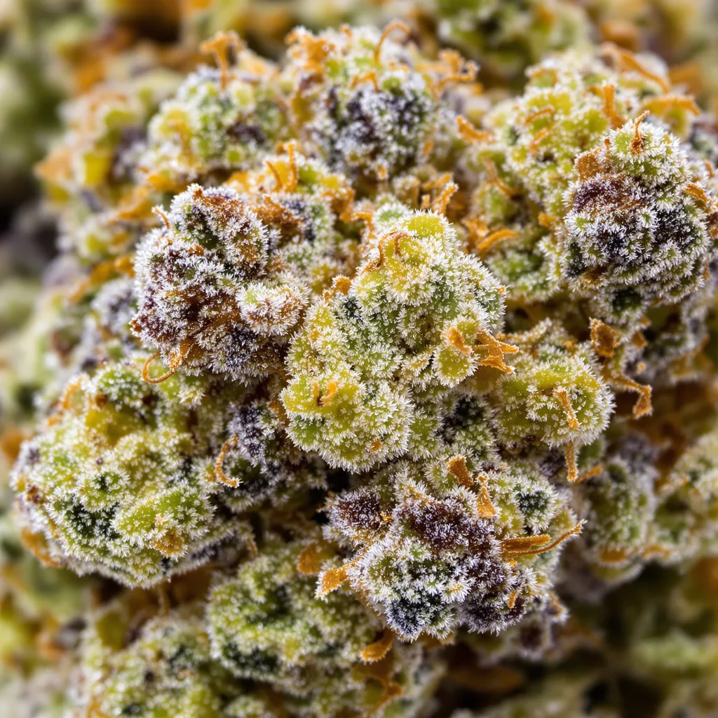 Gros plan de fleur de cannabis Snowcap Dream montrant structure équilibrée avec trichomes givrés