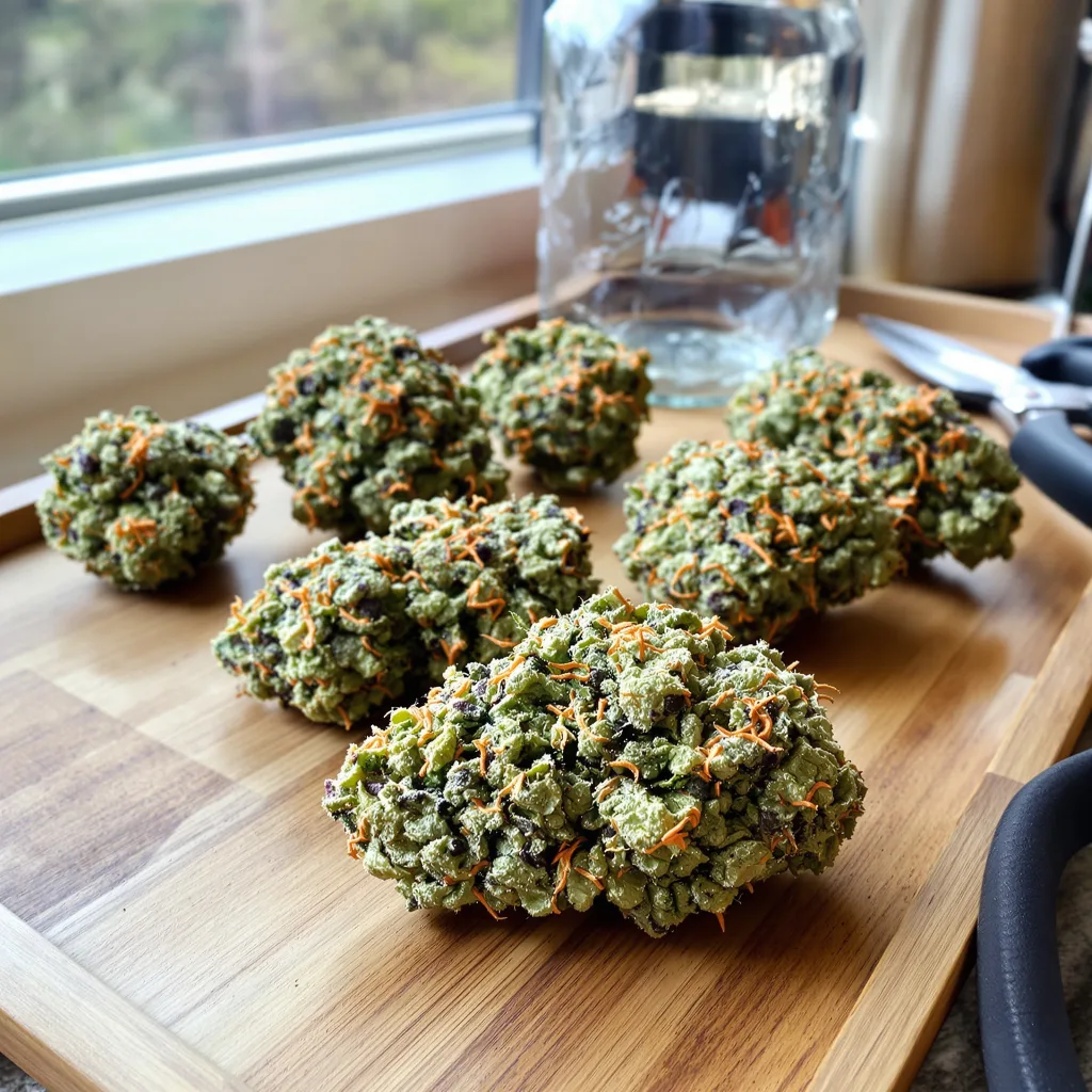 Snowcap 50% indica / 50% sativa — fleur avec trichomes visibles