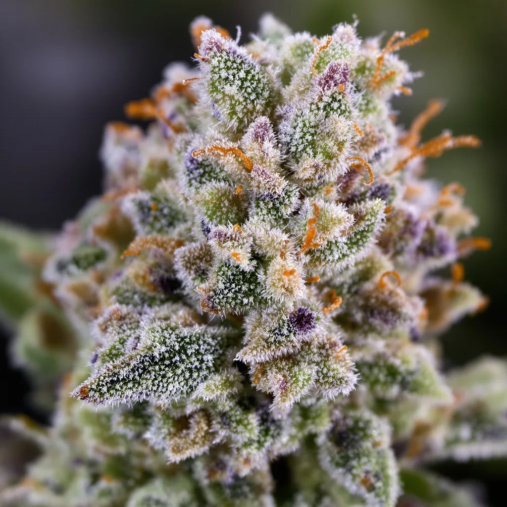 Gros plan de fleur de cannabis Snowcap montrant structure équilibrée avec trichomes givrés