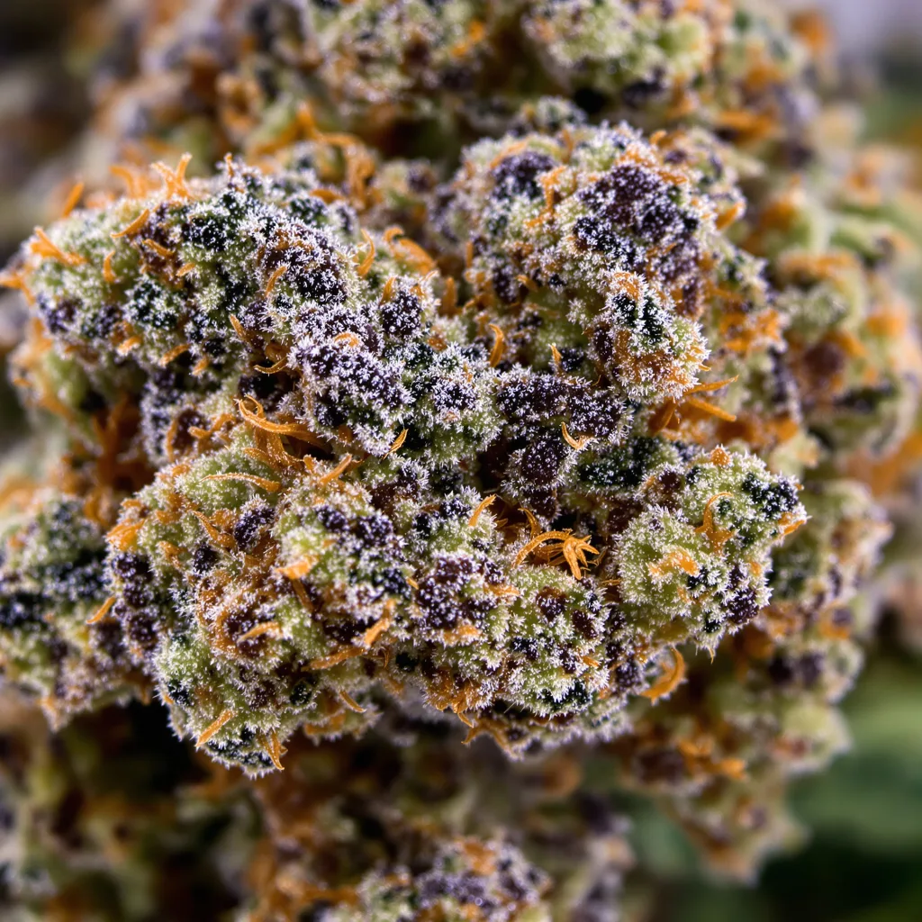 Gros plan de fleur de cannabis Somango montrant calices denses aux reflets violets