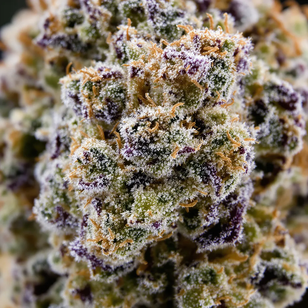 Gros plan de fleur de cannabis Sour Ape montrant structure équilibrée avec trichomes givrés