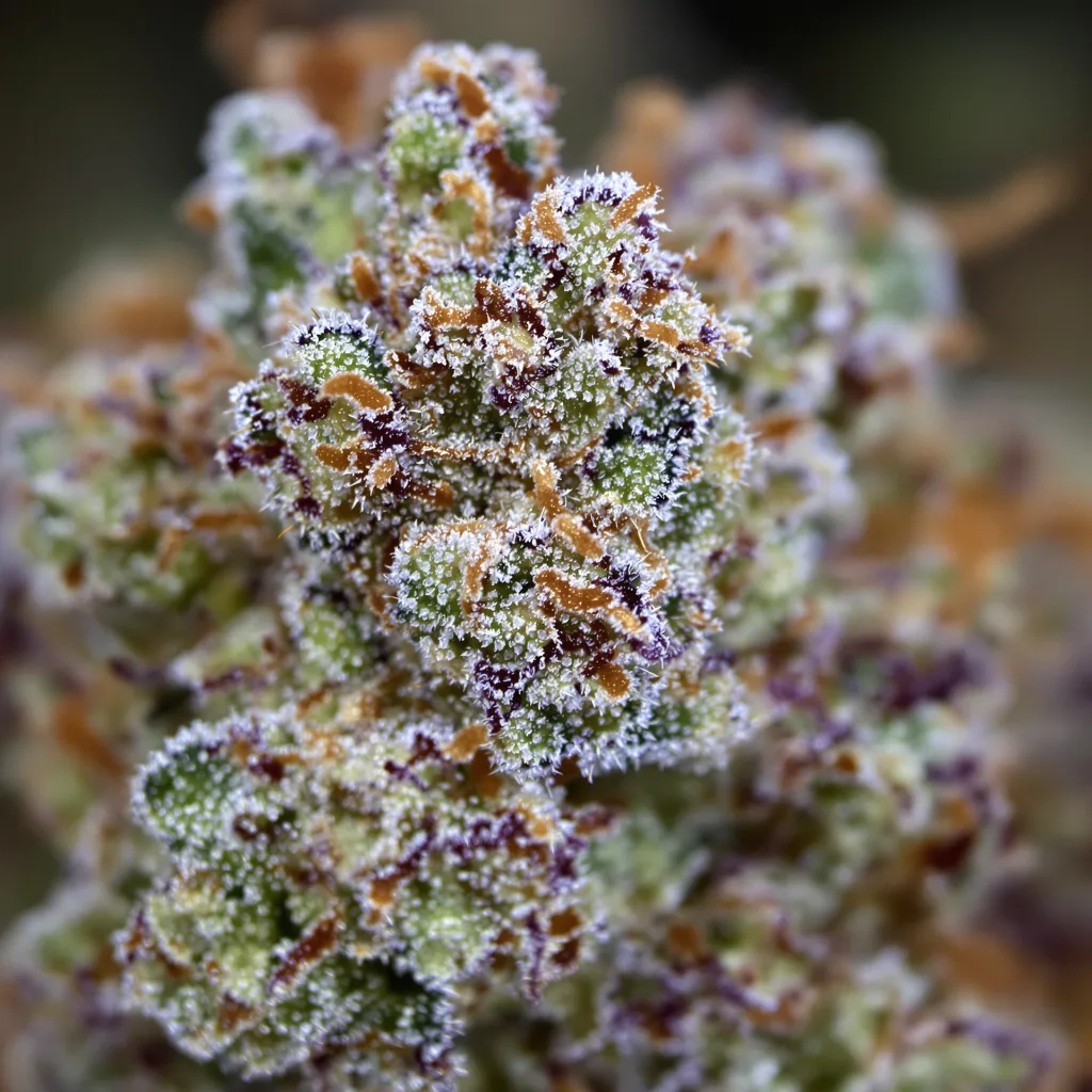 Gros plan de fleur de cannabis Sour Ape montrant structure équilibrée avec trichomes givrés