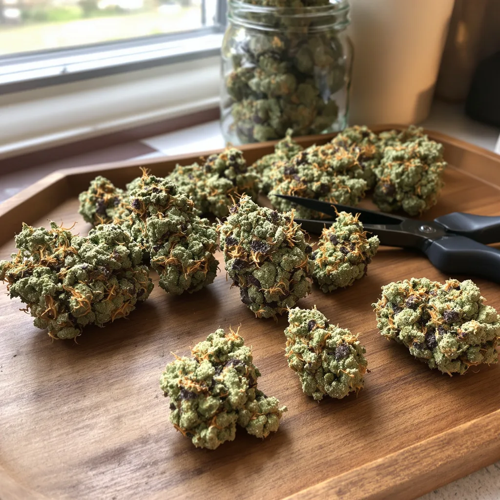 Sour Bubba 47% indica / 53% sativa — fleur avec trichomes visibles