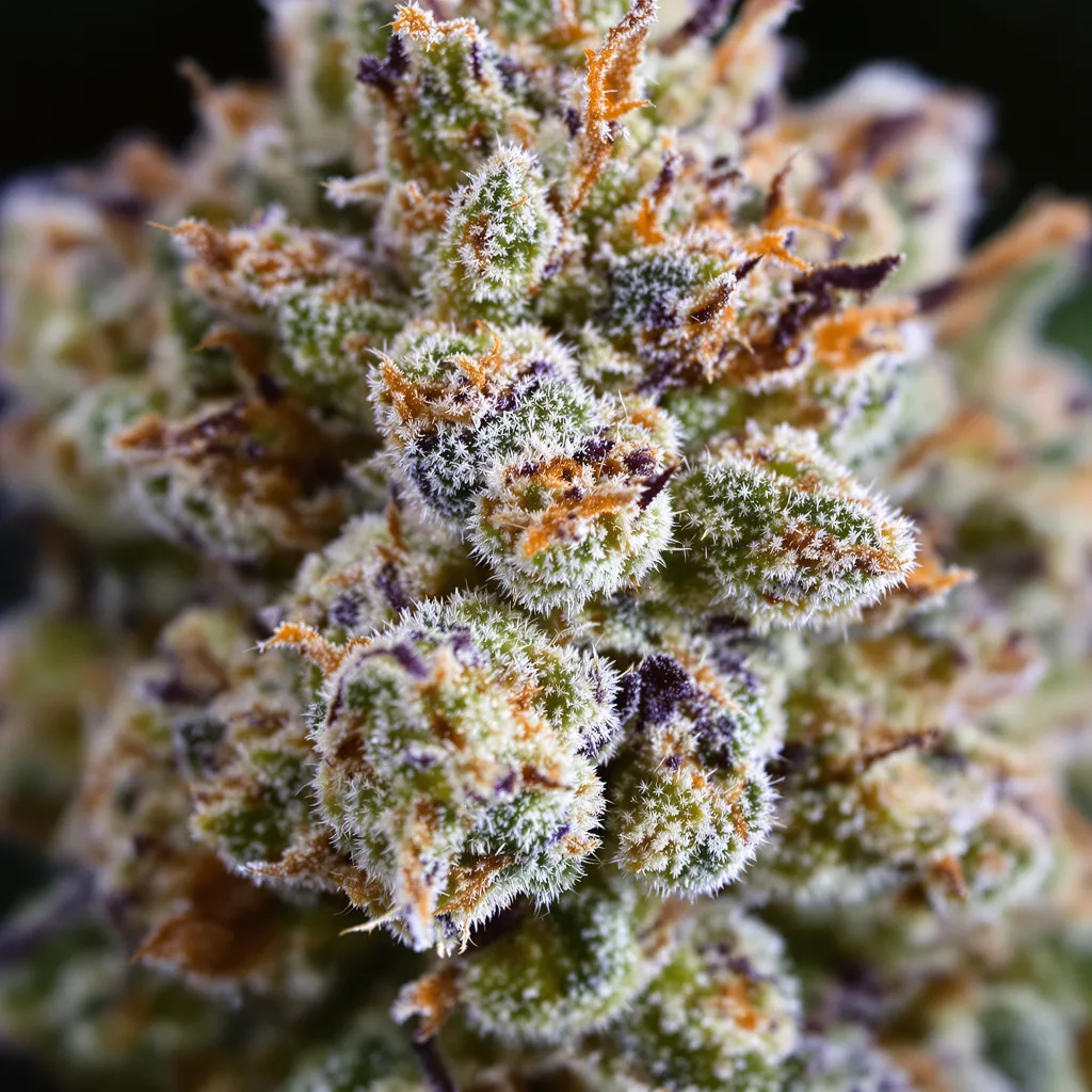 Gros plan de fleur de cannabis Sour Bubba montrant structure équilibrée avec trichomes givrés