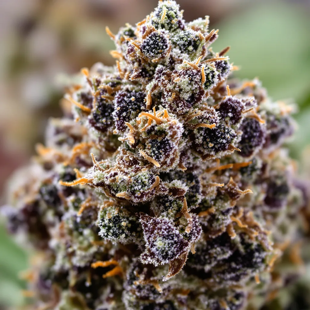 Gros plan de fleur de cannabis Sour Bubble montrant calices denses aux reflets violets