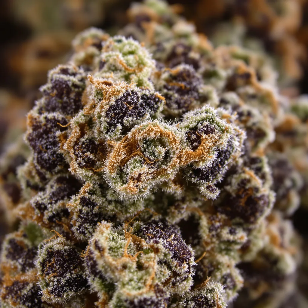 Gros plan de fleur de cannabis Sour Bubble montrant calices denses aux reflets violets