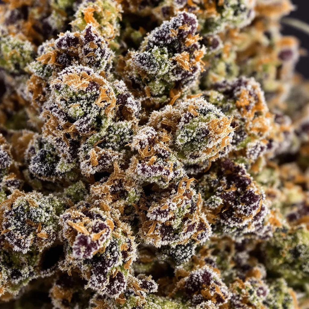 Gros plan de fleur de cannabis Sour Cheese montrant calices denses aux reflets violets