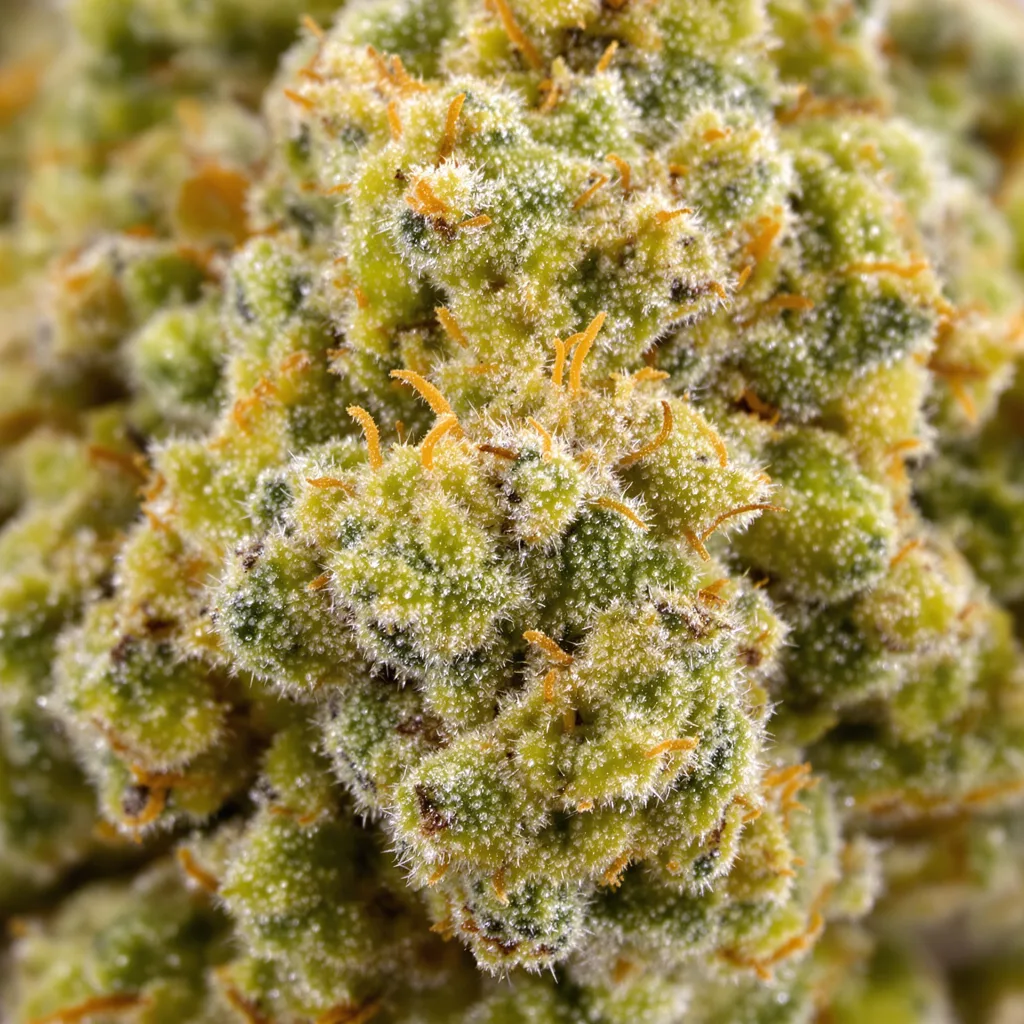 Gros plan de fleur de cannabis Sour Cookies montrant structure aérée vert lime