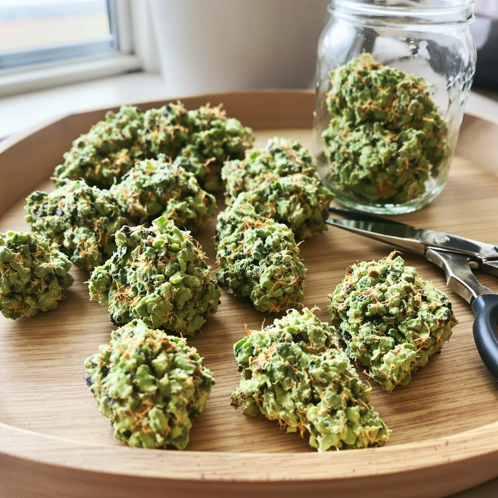 Sour Cream 17% indica / 83% sativa — fleur avec trichomes visibles