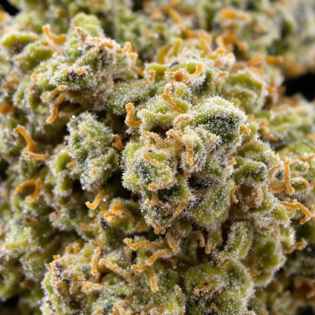 Gros plan de fleur de cannabis Sour Diesel montrant structure aérée vert lime
