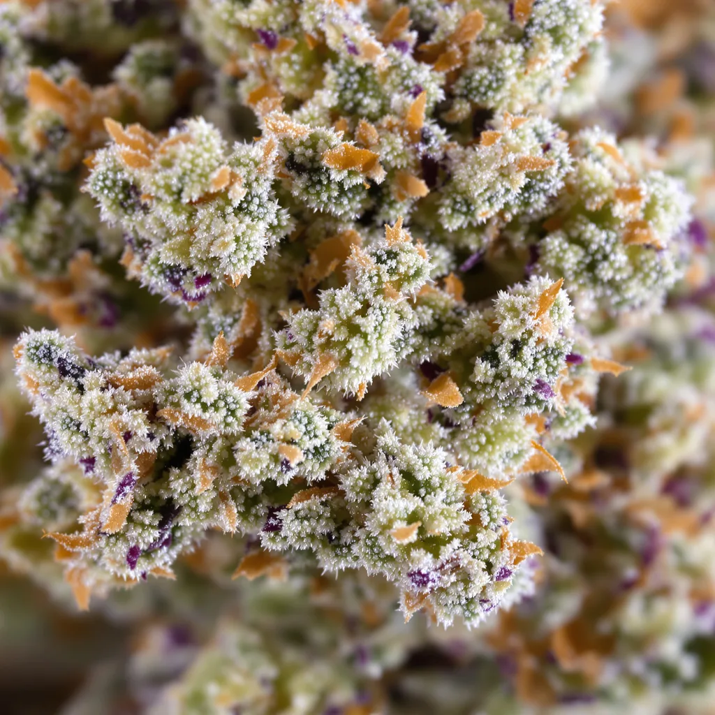 Gros plan de fleur de cannabis Sour Dubble montrant nugs denses vert forêt