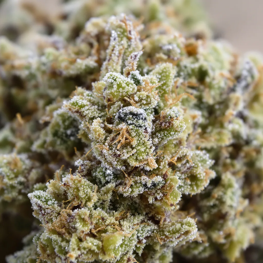 Gros plan de fleur de cannabis Sour Dubble montrant nugs denses vert forêt