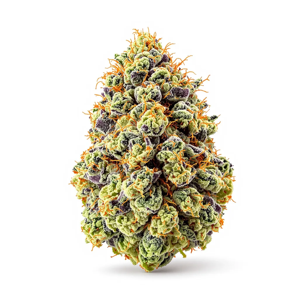Sour Grape 58% indica / 42% sativa — fleur avec trichomes visibles