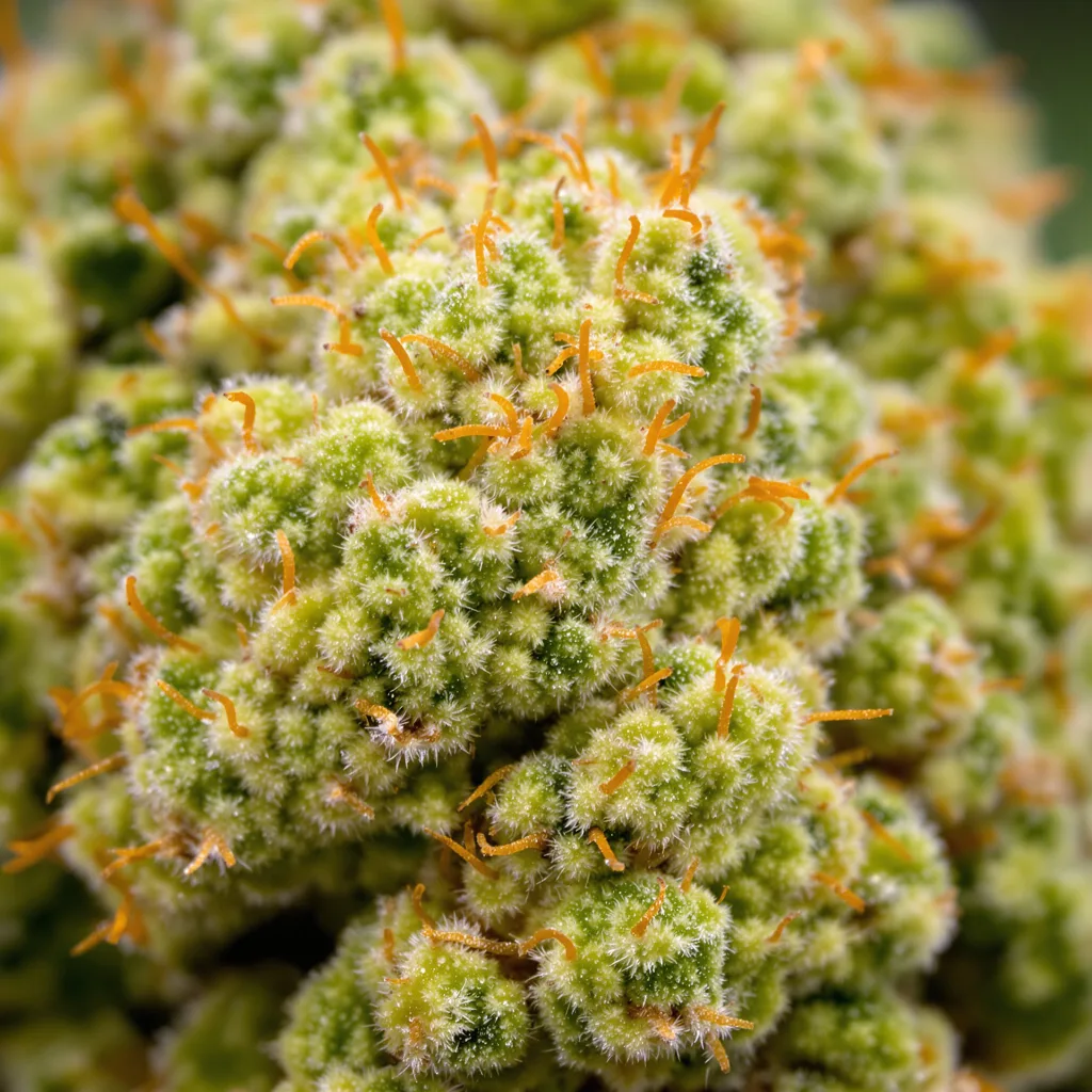 Gros plan de fleur de cannabis Sour Jack montrant structure aérée vert lime