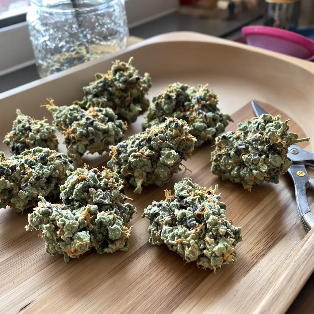 Sour Kush 50% indica / 50% sativa — fleur avec trichomes visibles