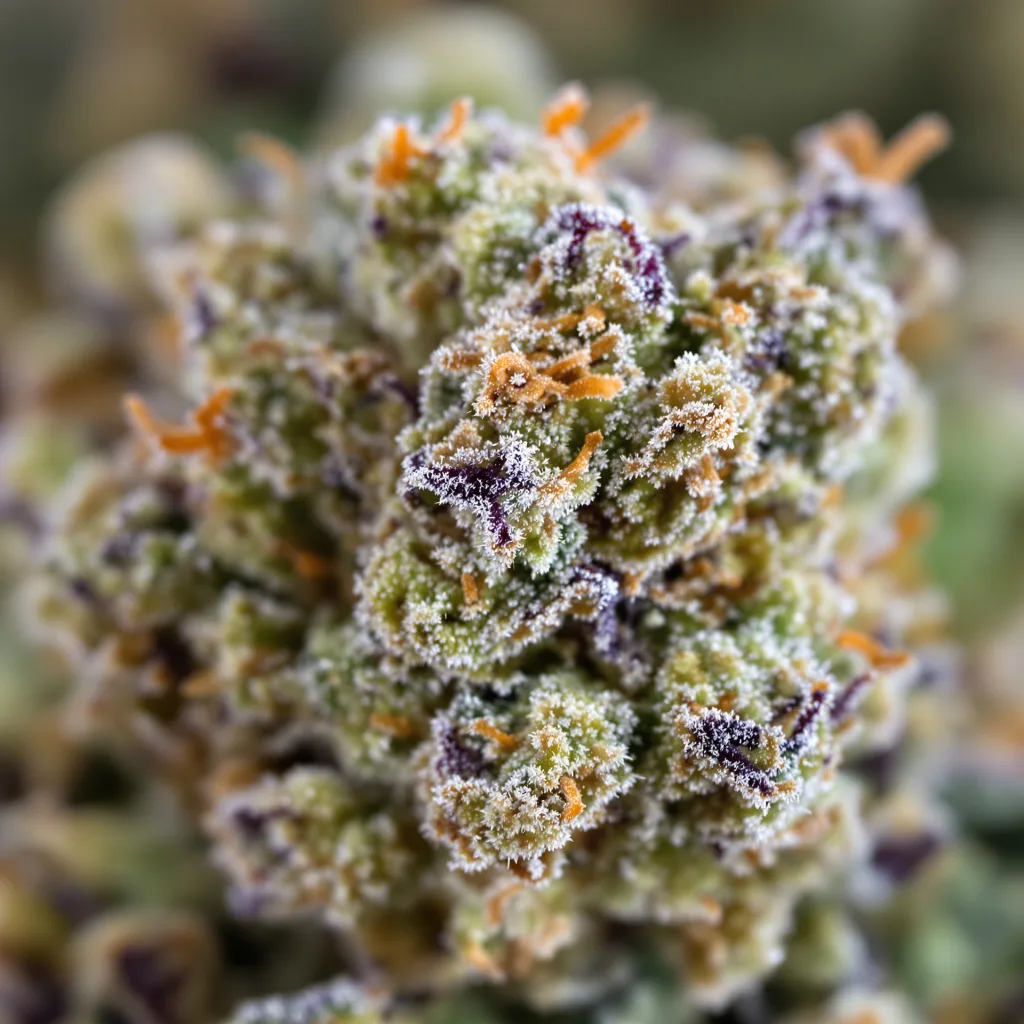 Gros plan de fleur de cannabis Sour Kush montrant structure équilibrée avec trichomes givrés