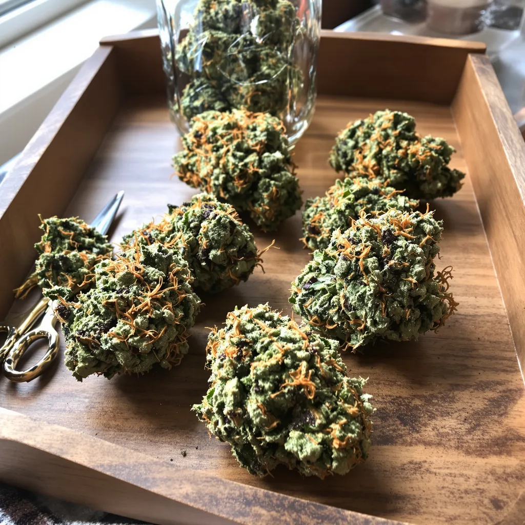 Sour Kush 50% indica / 50% sativa — fleur avec trichomes visibles