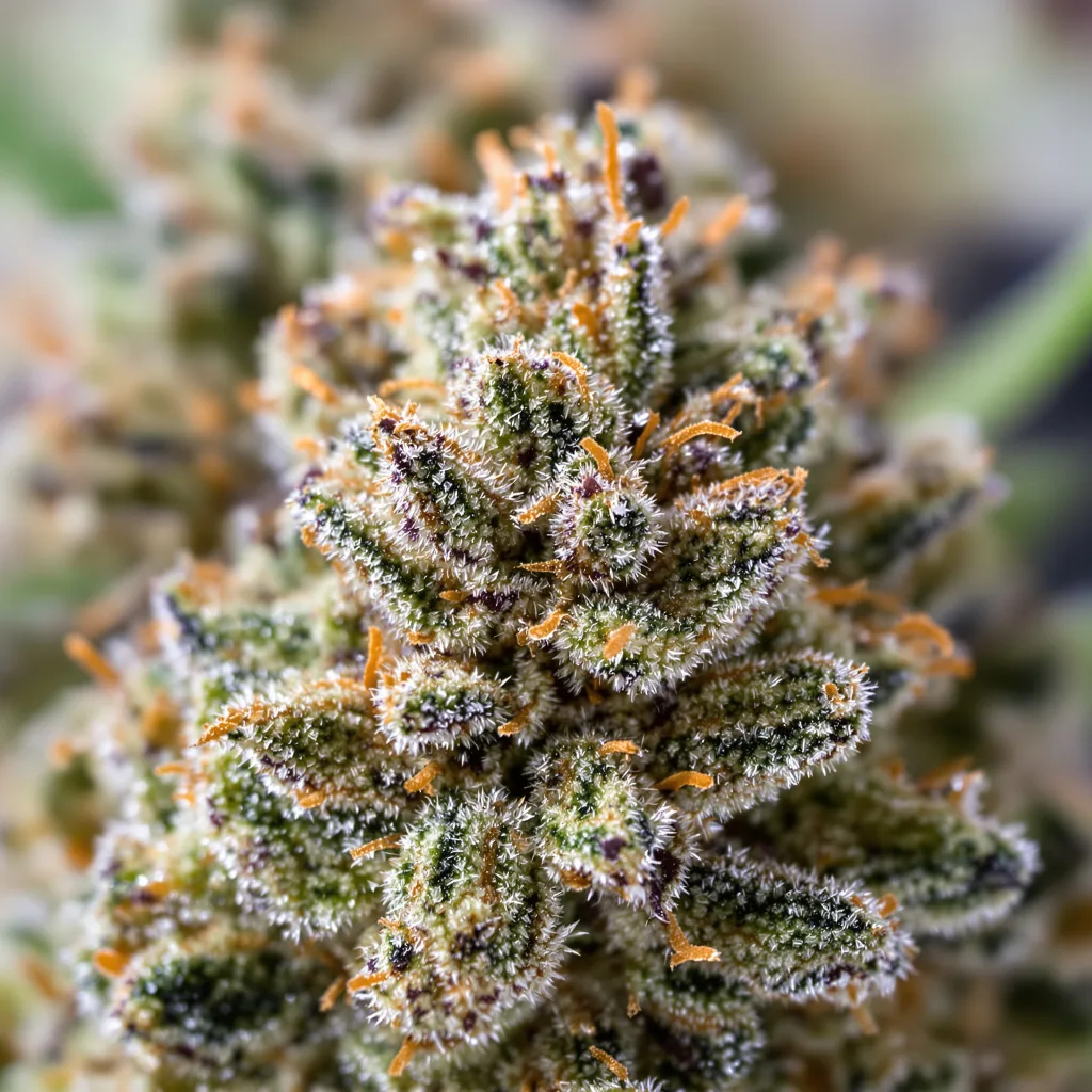 Gros plan de fleur de cannabis Sour Kush montrant structure équilibrée avec trichomes givrés