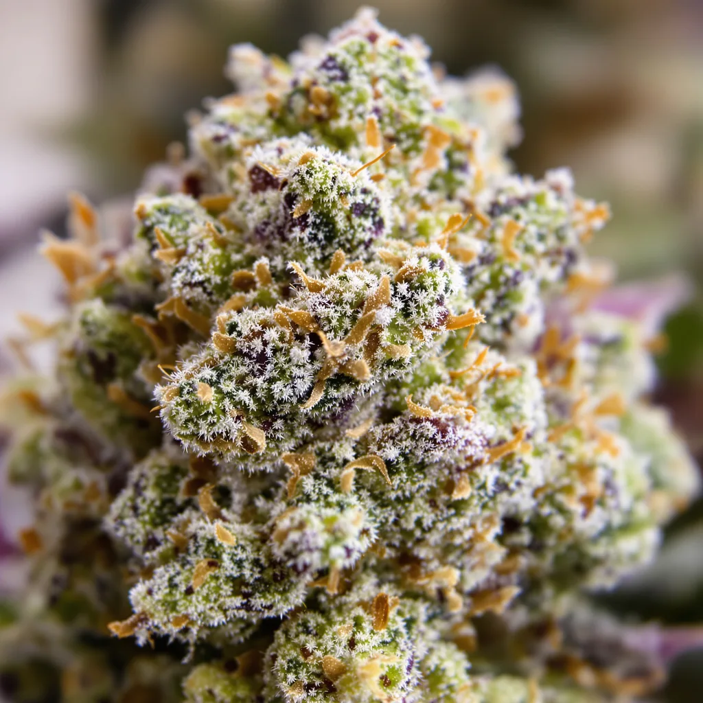 Gros plan de fleur de cannabis Sour Lemon OG montrant structure ouverte avec pistils orangés