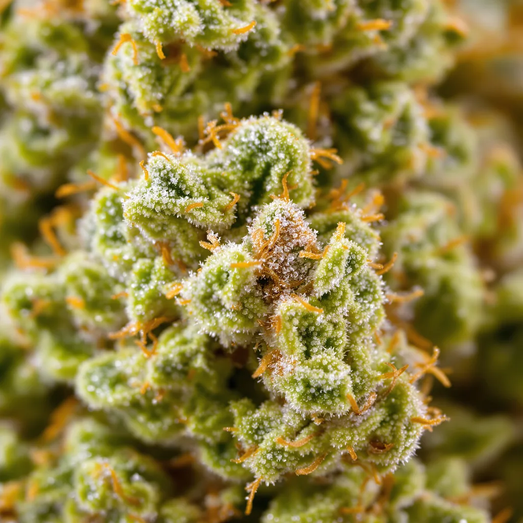 Gros plan de fleur de cannabis Sour Tangie montrant structure aérée vert lime