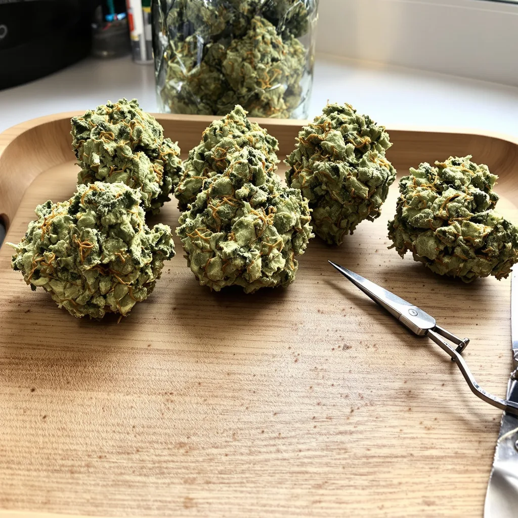 Sour Tsunami CBD 56% indica / 44% sativa — fleur avec trichomes visibles