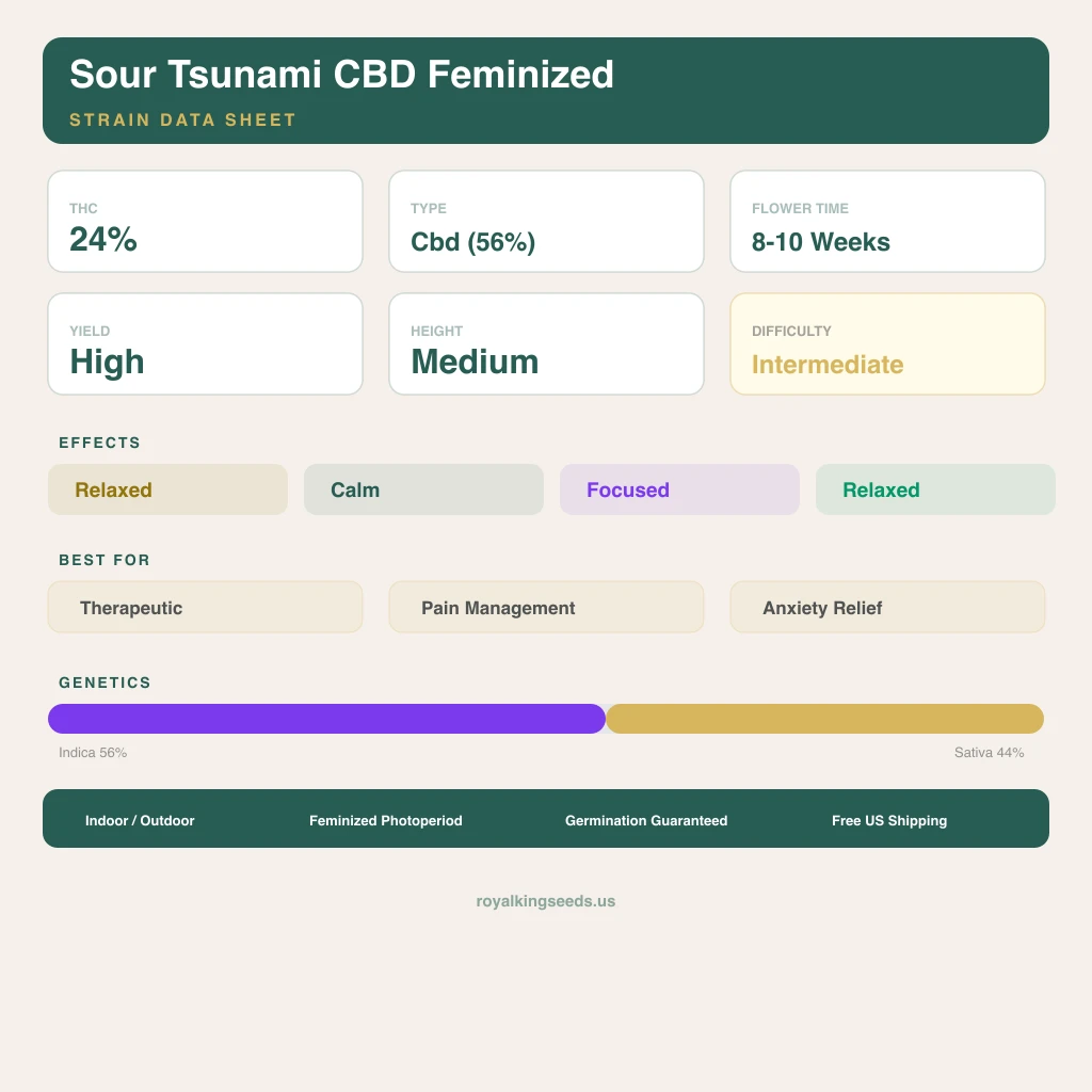 Sour Tsunami CBD 56% indica / 44% sativa — fleur avec trichomes visibles