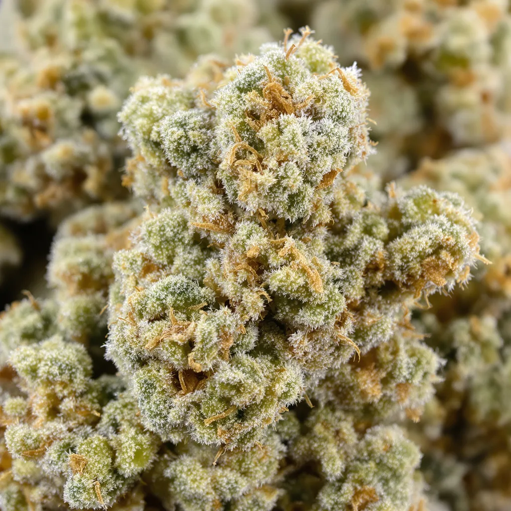 Gros plan de fleur de cannabis Sour Tsunami CBD montrant fleur claire à faible résine
