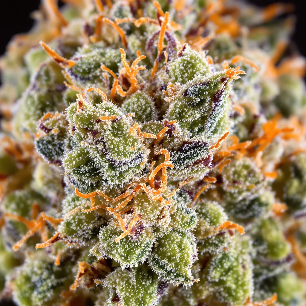 Gros plan de fleur de cannabis Sour Tsunami montrant structure ouverte avec pistils orangés