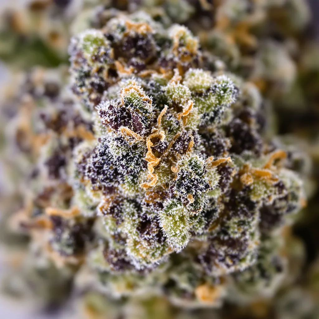 Gros plan de fleur de cannabis South Indian montrant calices denses aux reflets violets