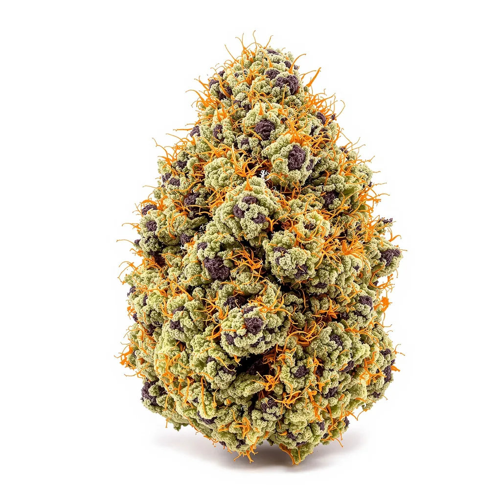 South Indian 73% indica / 27% sativa — fleur avec trichomes visibles