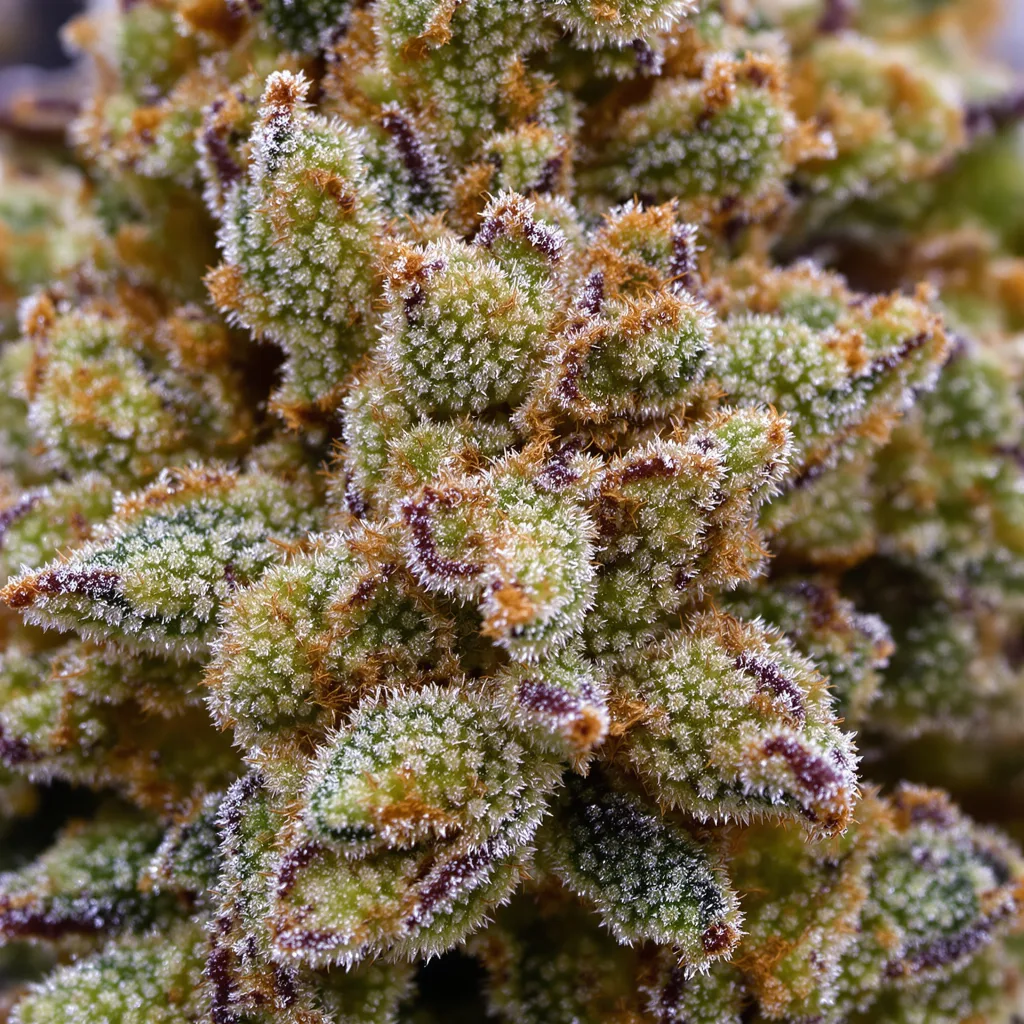 Gros plan de fleur de cannabis Space Bomb montrant structure ouverte avec pistils orangés