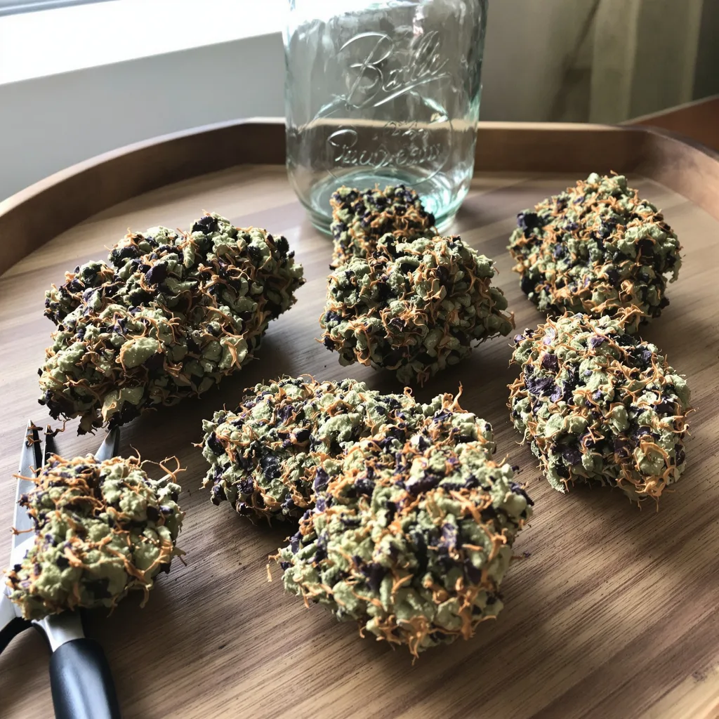 Space Dawg 89% indica / 11% sativa — fleur avec trichomes visibles