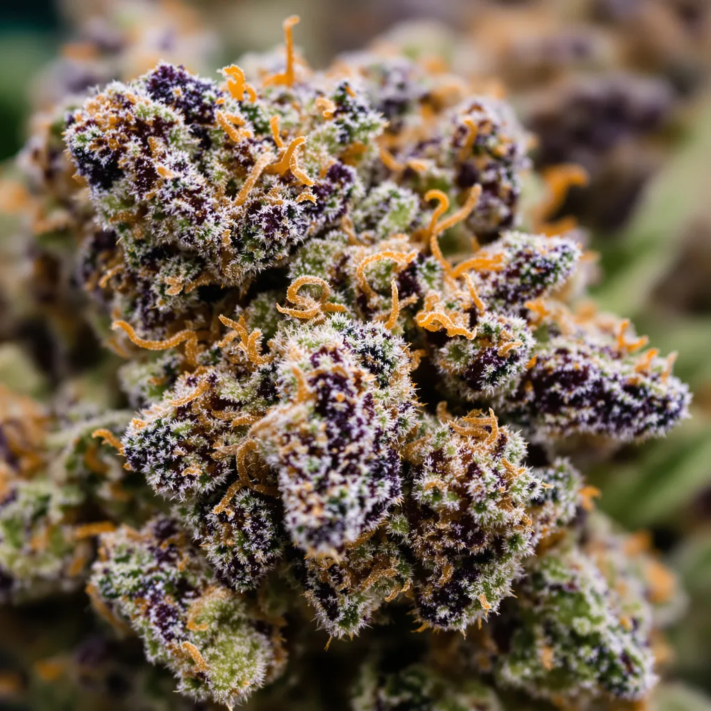 Gros plan de fleur de cannabis Space Dawg montrant calices denses aux reflets violets