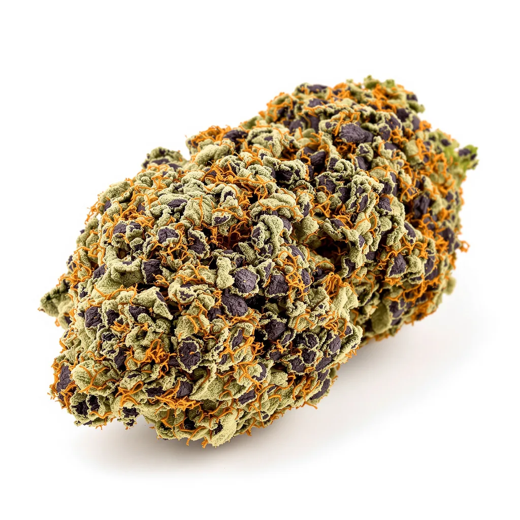 Space Dawg 89% indica / 11% sativa — fleur avec trichomes visibles