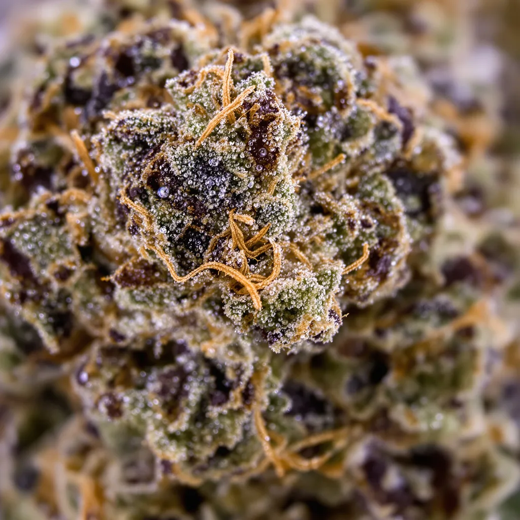 Gros plan de fleur de cannabis Space Dawg montrant calices denses aux reflets violets