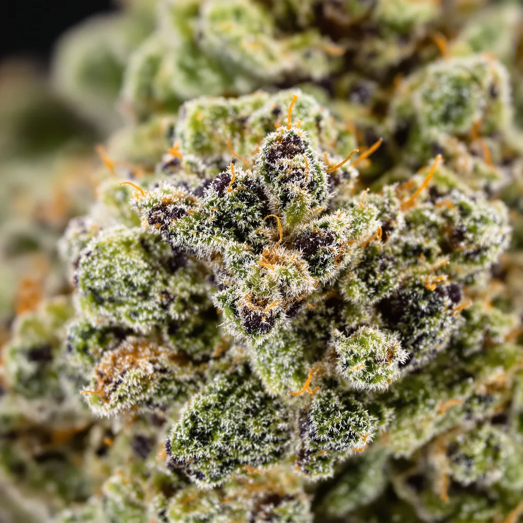 Gros plan de fleur de cannabis Special Kush #1 montrant calices denses aux reflets violets