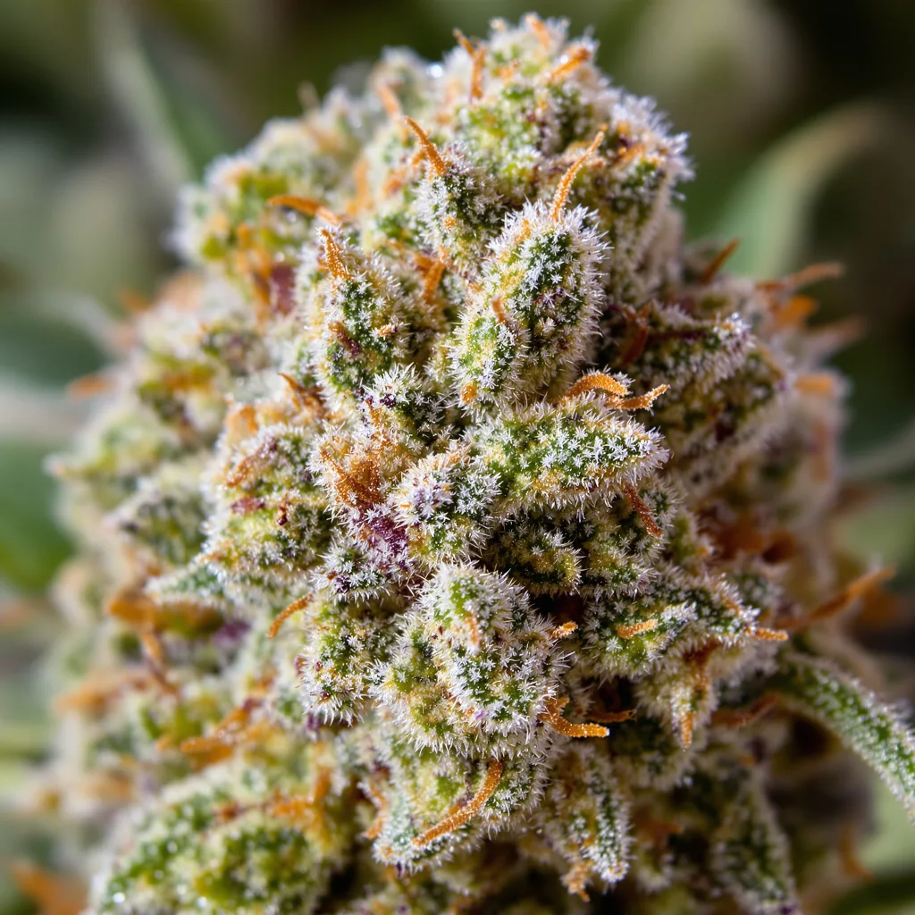 Gros plan de fleur de cannabis Special Queen montrant structure équilibrée avec trichomes givrés