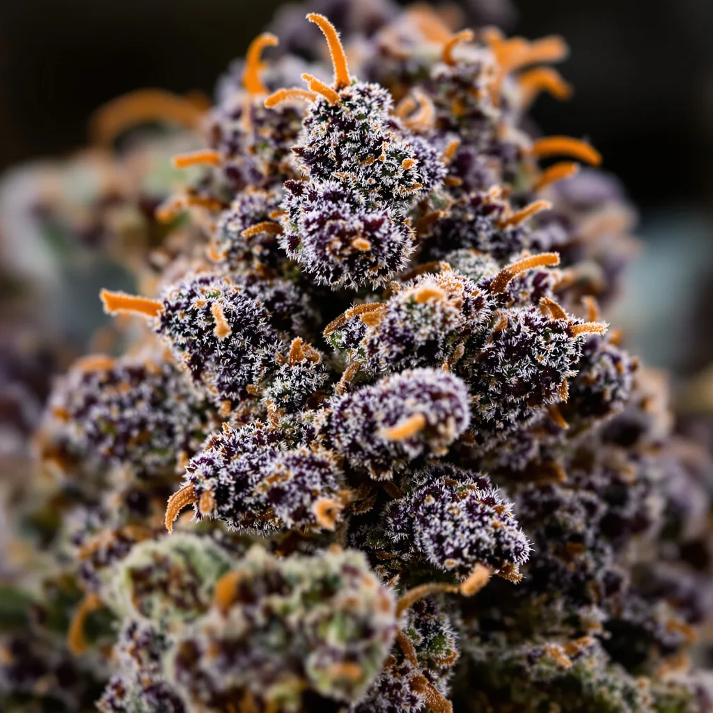 Gros plan de fleur de cannabis Star Berry montrant calices denses aux reflets violets