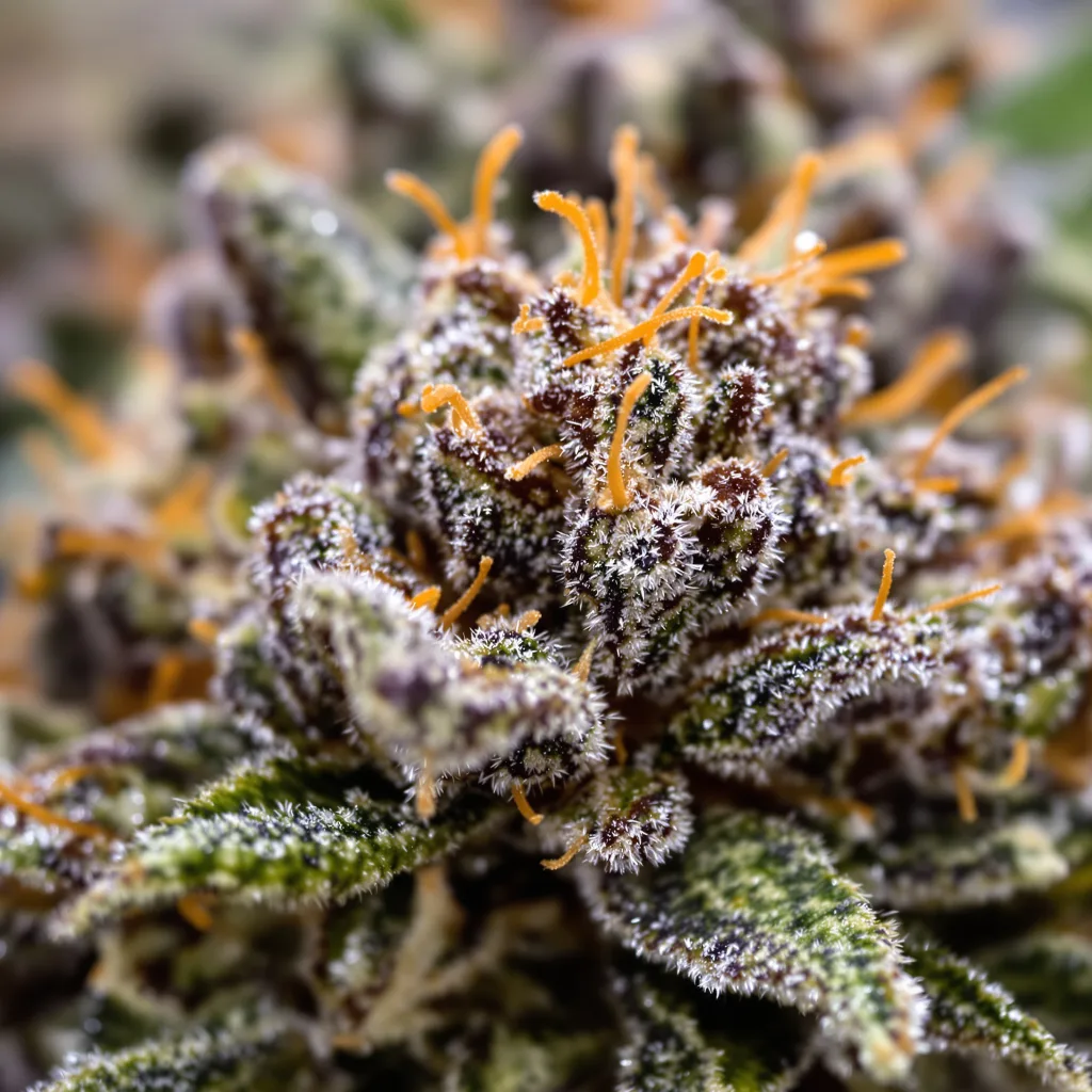 Gros plan de fleur de cannabis Star Killer montrant calices denses aux reflets violets