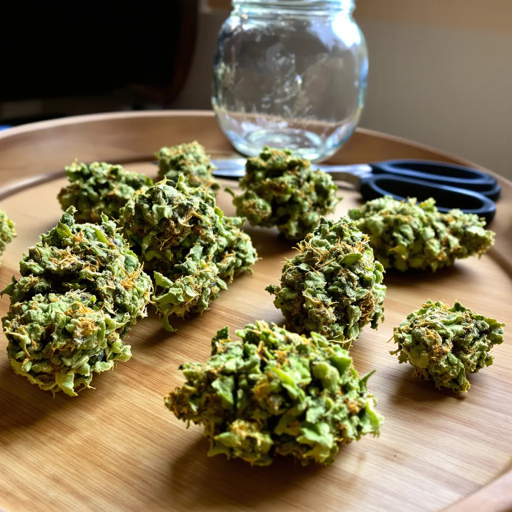 Stardawg 13% indica / 87% sativa — fleur avec trichomes visibles