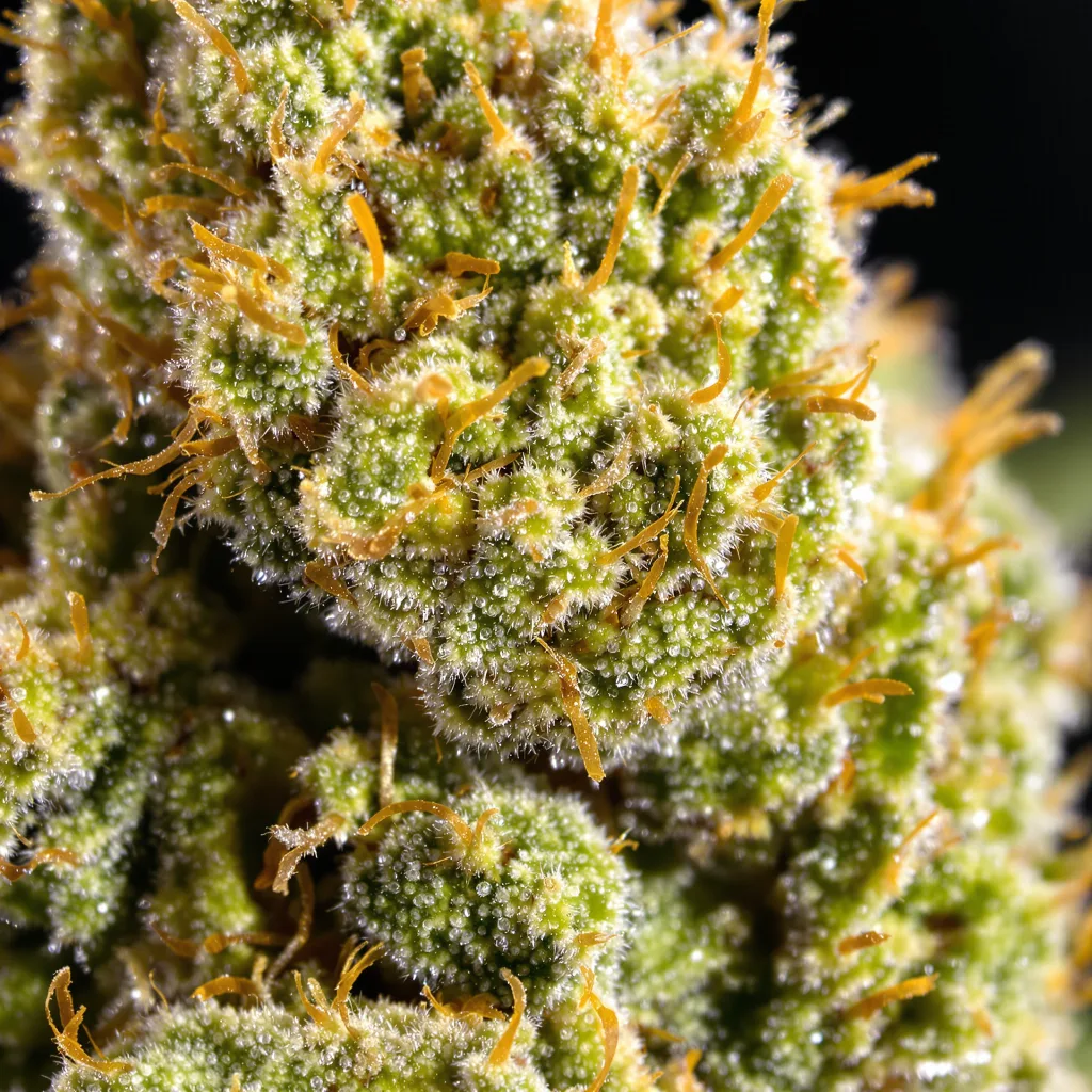 Gros plan de fleur de cannabis Stardawg montrant structure aérée vert lime