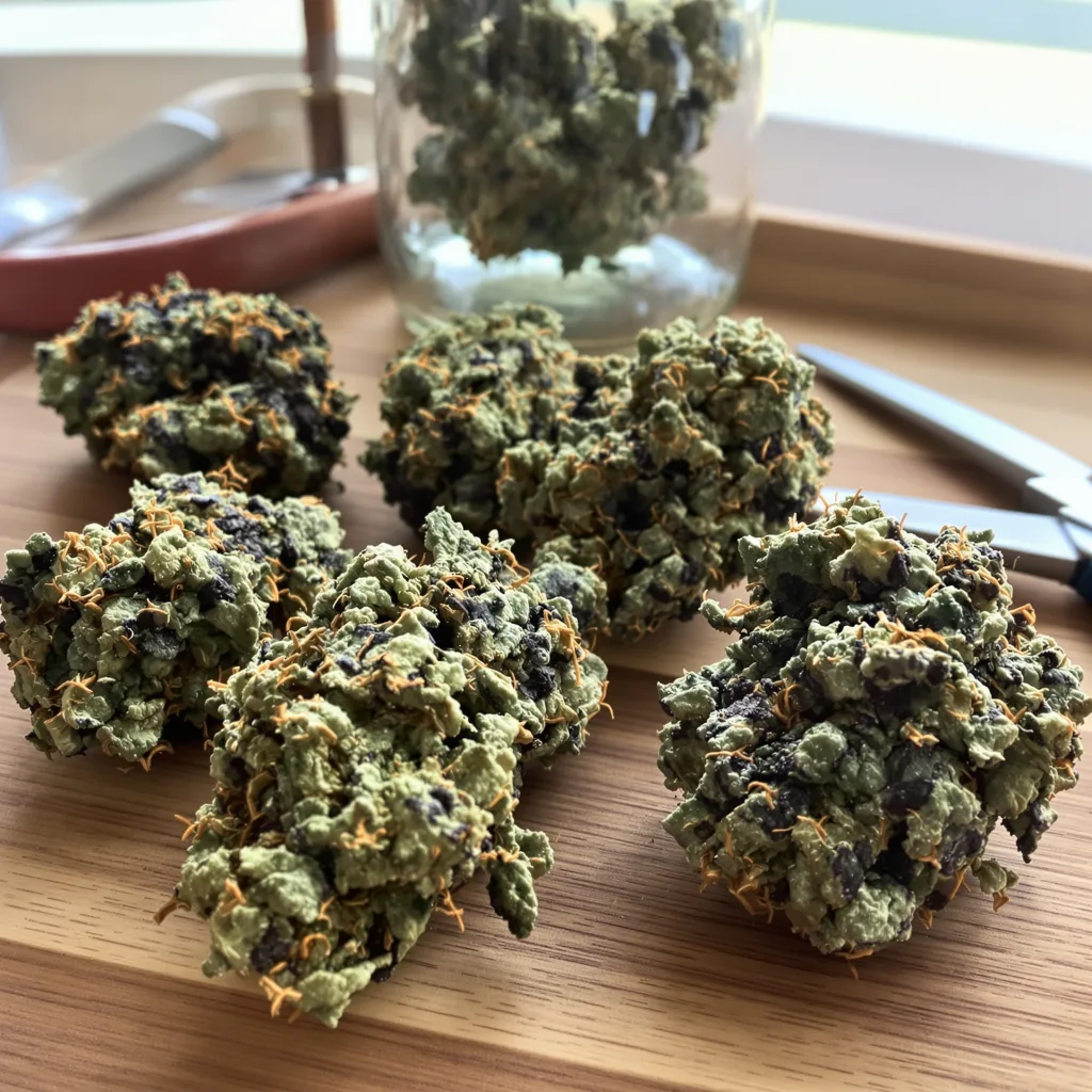 Stinking Rich 80% indica / 20% sativa — fleur avec trichomes visibles