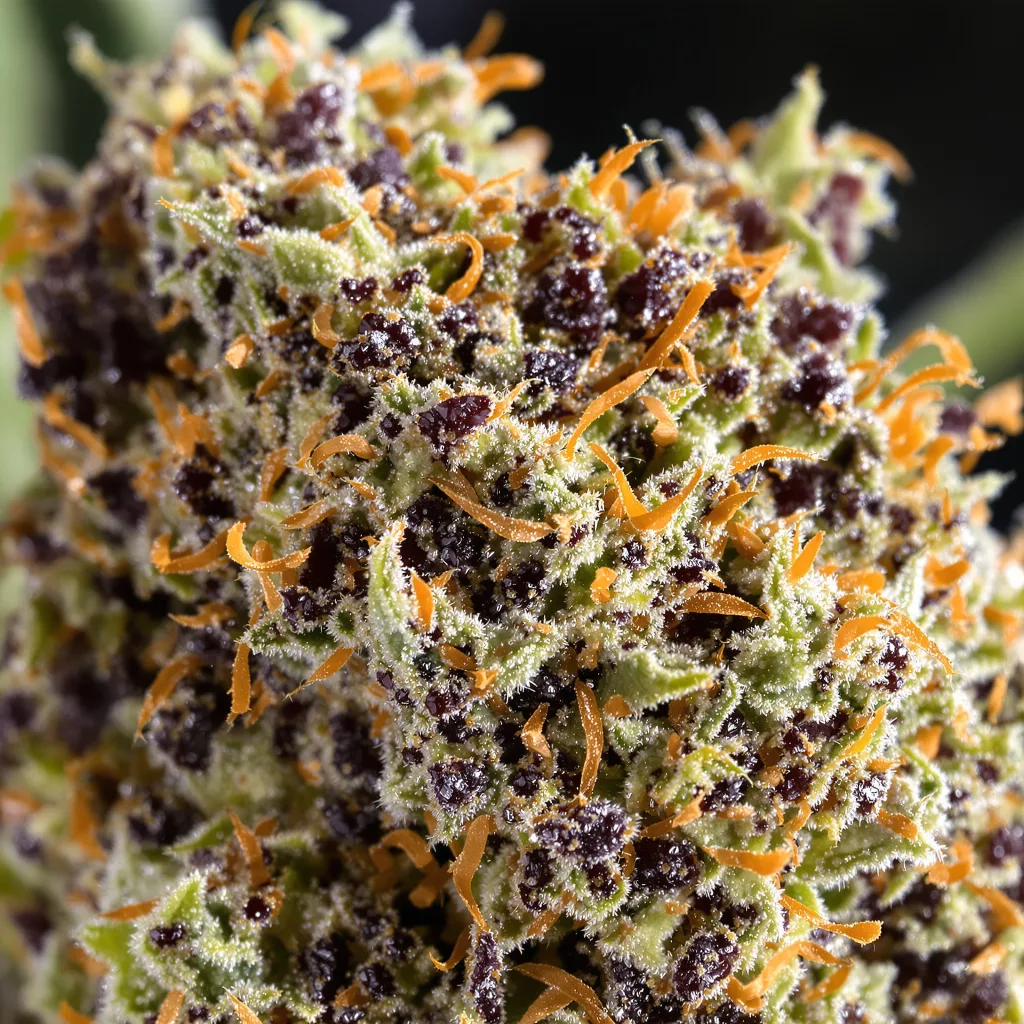 Gros plan de fleur de cannabis Stinking Rich montrant calices denses aux reflets violets