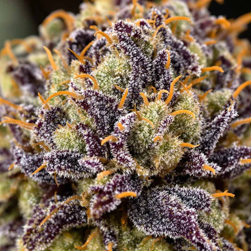 Gros plan de fleur de cannabis Strawberry Banana montrant calices denses aux reflets violets